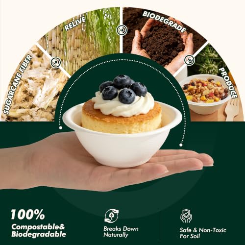 CELLURA Paper Bowls 8 oz [100 Pack], Disposable Compostable Soup Bowls, Heavy Duty White Bowls Bulk, Made of Natural Sugarcane Fibers, for Cereal, Salad, Ice cream