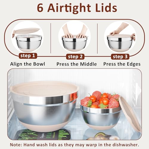 Hybemmy 9 Pack Mixing Bowls with Airtight Lids & Grater Attachments, Khaki | Stainless Steel Bowl, Non-slip Bases, Nesting Kitchen Bowl, Size 5, 4, 3, 2, 1.5,1QT,for Food Prep, Baking, Storage & Serving