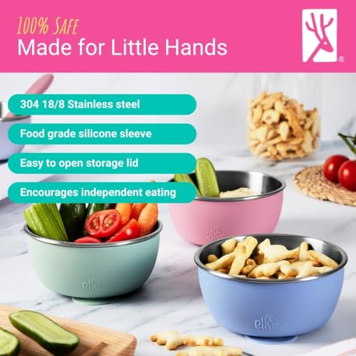 Elk and Friends Kids/Toddler Stainless Steel Suction Bowls + Lids | 4pk | Suitable for Babies | Silicone Suction Sleeves | Lids Included | Stay Put Suction | Dishwasher Safe | Baby Weaning Supplies