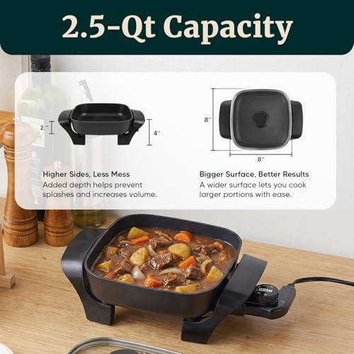 Elite Gourmet 2.5Qt Compact Nonstick Electric Skillet, 8"x8", 600W | 200-400°F, Glass Lid, Removable Thermostat, EG808