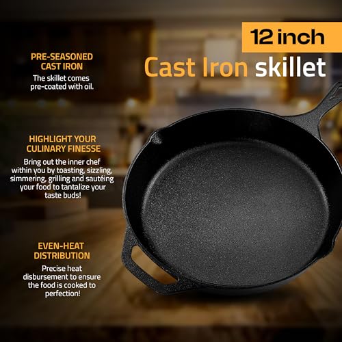 Utopia Kitchen Cast Iron Skillet 12 Inch Pre-Seasoned PFAS-Free Black