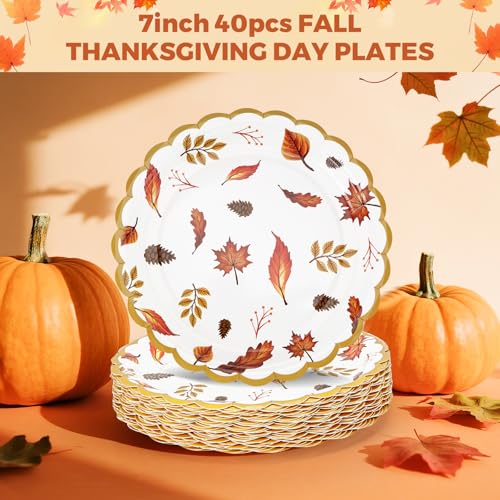 Cangmyxis 7 Inch Fall Thanksgiving Paper Plates Disposable 40 PCS Scalloped Heavy Duty Disposable Dessert Plates Maple Leaf Autumn Harvest Theme Thanksgiving Party Decorations