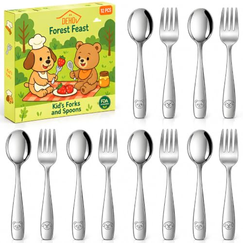 DEHOV Toddler Eating Utensils Set,Set Of 12 Food Grade Stainless Steel Silverware Sets For Kids,Dishwasher Safe Children Small Metal Spoons And Forks Flatware Sets