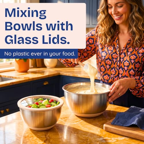 Non-Toxic Stainless Steel Mixing Bowls, Glass Lids, Plastic Free, 5-Pcs | LFGB platinum silicone seal. Keeps food fresh longer. Airtight. Non-slip silicone base. Dishwasher safe. Measurement marks.