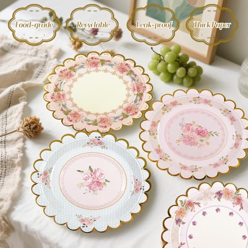 Xjoviative 48 PCS Vintage Floral Paper Plates 7 inch, Scalloped Flower Tea Party Plates Disposable Cake Dessert Plate for Birthday Bridal Shower Baby Shower Wedding Party Decorations (Floral)