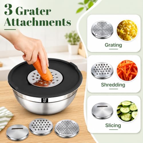 Boskermeal 8PCS Mixing Bowls with Lids Set - 5 Nesting Mixing Bowls, 3 Grater Attachments, Lids, Stainless Steel Mixing Bowls for Mixing & Serving, Size 1.5/2.1/3.5/4/4.5 QT, Black