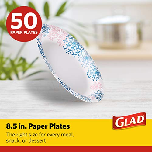Glad Round Disposable Paper Plates, Pink Hydrangea, 8.5 Inch, 50 Count | Heavy-duty paper, soak-proof and cut-resistant, microwave safe, parties and picnics