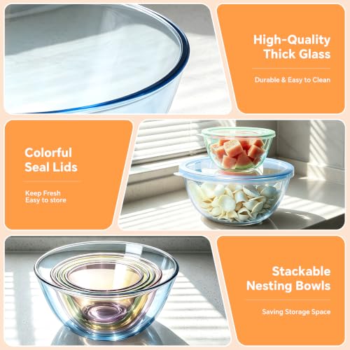 5 Pack Glass Mixing Bowls with Lids Set(4.78QT,2.2QT,1.7QT,1.1QT,0.85QT) | Color Thick Glass Large Salad Bowls,Nesting Bowls for Kitchen Baking,Prepping,Cooking,Serving,Dishwasher Microwave Oven Safe