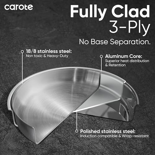 CAROTE 18pcs Tri-Ply Stainless Steel Cookware Set with Detachable Handle