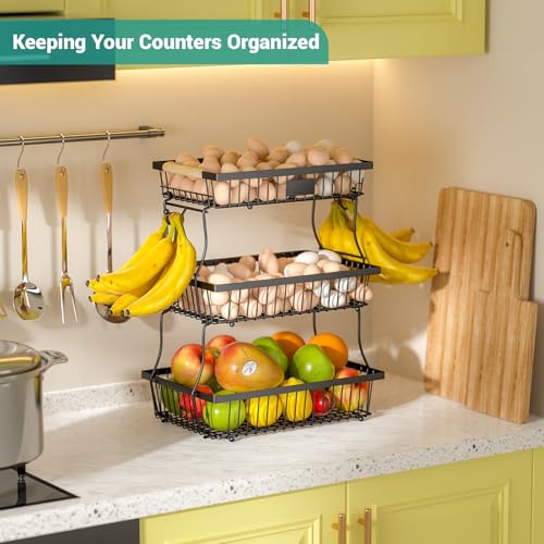 Astrorhine 3 Tier Fruit Basket for Kitchen Counter with 2 Banana Hangers, Countertop Metal Fruit Bowl with Wooden Handle, Large Storage Stand for Vegetables, Snacks, Breads, Produce Storage – Black