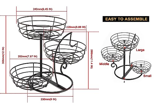 Livabber Fruit Basket Bowl with Banana Hanger, Fruit Vegetable Storage Basket with Banana Tree Holder for Kitchen Counter, Detachable Organizer for Bread Snack Produce (Black, 3-Tier Metal Base)