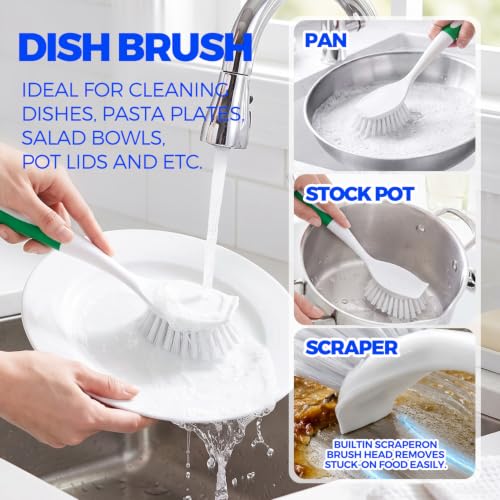 Holikme 6 Pack Dish Brush Set with Handle for Cleaning, Green | Kitchen Scrub Brushes for Cleaning, Dish Scrubber with Stiff Bristles & Scouring Pad for Sink, Pots, Pans, Bottles