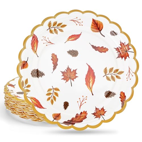 Cangmyxis 7 Inch Fall Thanksgiving Paper Plates Disposable 40 PCS Scalloped Heavy Duty Disposable Dessert Plates Maple Leaf Autumn Harvest Theme Thanksgiving Party Decorations
