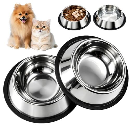 OneBug 13 Oz Steel Stainless Cat Dog Pet Food Water Shallow Dish Bowl, 2Pcs | 13 Fl / 384.5 Ml, Metal, Anti Spill, No Tip, Whisker Friendly, Removable Wide Base, Dishwasher Safe, Easily Clean, Sturdy
