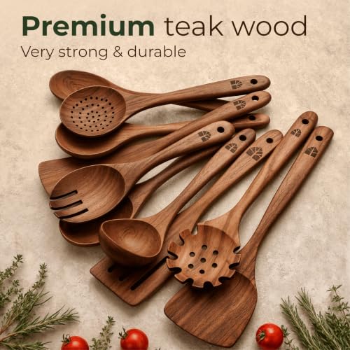 Wooden Spoons for Cooking – 10 Pcs Non Toxic Teak Kitchen Utensils Set | Includes spatula, turner, ladle, skimmer, pasta server & salad fork; heat resistant, nonstick safe, easy to clean