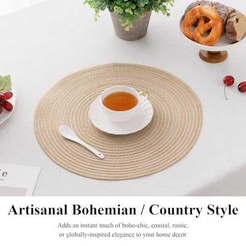 SHACOS Round Braided Placemats Set of 4 Washable Place Mats for Dining Tables 15 inch Non Slip Kitchen Table Mats (Beige, 4)