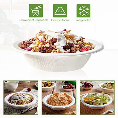 Vplus 200 Pack 16 OZ Compostable Paper Bowls, Bagasse Bowls，White | Disposable Compostable Bowls Bulk, Eco-friendly Bagasse Bowls, Heavy-duty Bowls Perfect for Milk Cereals, Snacks, Salads