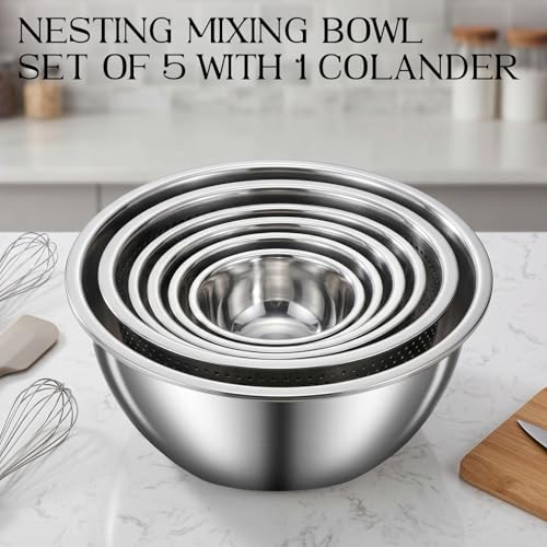 DUTZUN Kitchen Gadgets, Stainless Steel Mixing Bowls & Colander Strainer | Home & kitchen essentials for cooking, 5 nesting metal bowls with strainer for salad, baking & serving, dishwasher safe