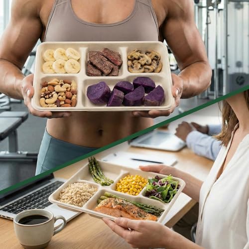 Tinybee 5 Compartment Compostable Plates, 12.5 x 8.6, 100 Pack, Natural | Heavy Duty Bagasse Paper Plates & Divided Disposable Trays, BPI-Certified, Eco-Friendly for Lunch, Buffet, Party & School