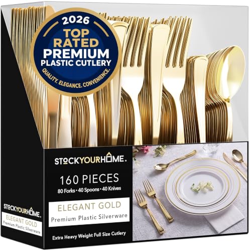 Gold Plastic Silverware Set (160 Bulk Pack) Disposable Cutlery Utensils, 80 Forks, 40 Knives, 40 Spoons, Heavy Duty Flatware For Holidays, Parties, Dinners, Weddings, and Occasions