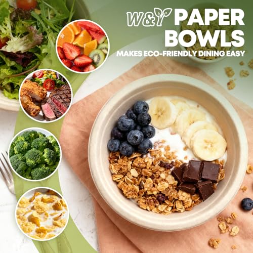 W&Y 12 oz Paper Bowls Disposable 100-Count, Compostable Bagasse Bowls | Heavy-Duty, Microwave-safe, Sugarcane Fibers, Suitable for dessert, Soup, Cereal, Salad, Ice cream, and hot or cold use