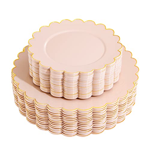 LIYH 60 Pcs Pink Plastic Plates with Gold Rim for Bridal Shower & Party | Heavy Duty Disposable Pink and Gold Scalloped Plates with 30 Dinner 10.25" & 30 Dessert Plates 7.5" for Weddings & Birthdays