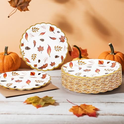 Cangmyxis 7 Inch Fall Thanksgiving Paper Plates Disposable 40 PCS Scalloped Heavy Duty Disposable Dessert Plates Maple Leaf Autumn Harvest Theme Thanksgiving Party Decorations