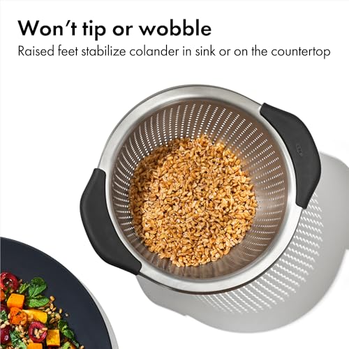 OXO Good Grips Strainer - 5 Qt Capacity, Stainless Steel | Colander, Nesting Design For Easy Storage, Non-Slip Handles, Drains Pasta And Vegetables, Dishwasher Safe