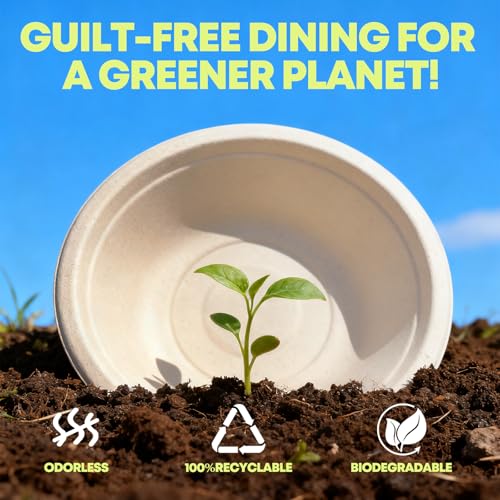 W&Y 12 oz Paper Bowls Disposable 100-Count, Compostable Bagasse Bowls | Heavy-Duty, Microwave-safe, Sugarcane Fibers, Suitable for dessert, Soup, Cereal, Salad, Ice cream, and hot or cold use