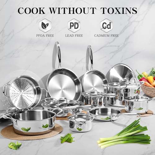 EWFEN Stainless Steel Cookware Set, 3 Ply 17 Piece Stainless Steel Pot and Pan Set, Oven Dishwasher Safe