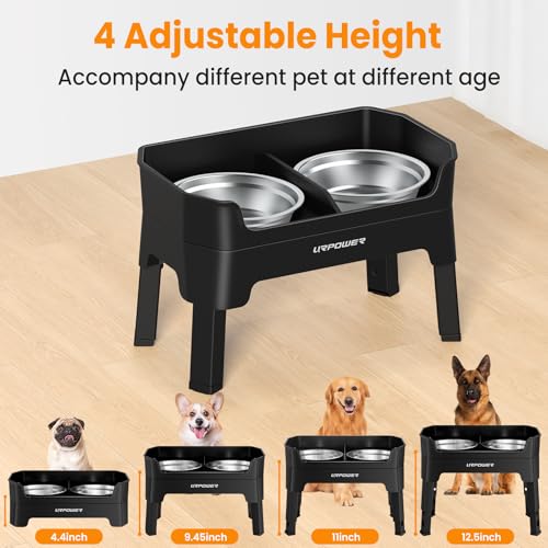 URPOWER Elevated Dog Bowls, 3-in-1 Double Deck Raised Dog Bowl Stand | 4 Adjustable Heights, 2 Stainless Steel Food Bowls, Mess Proof Licking Plate, Foldable Stand for Small, Medium & Large Dogs