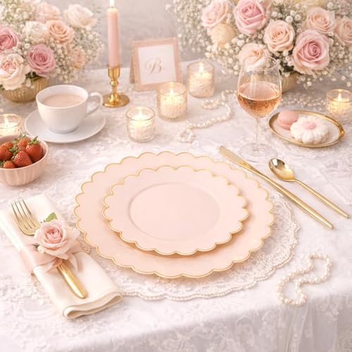 LIYH 60 Pcs Pink Plastic Plates with Gold Rim for Bridal Shower & Party | Heavy Duty Disposable Pink and Gold Scalloped Plates with 30 Dinner 10.25" & 30 Dessert Plates 7.5" for Weddings & Birthdays