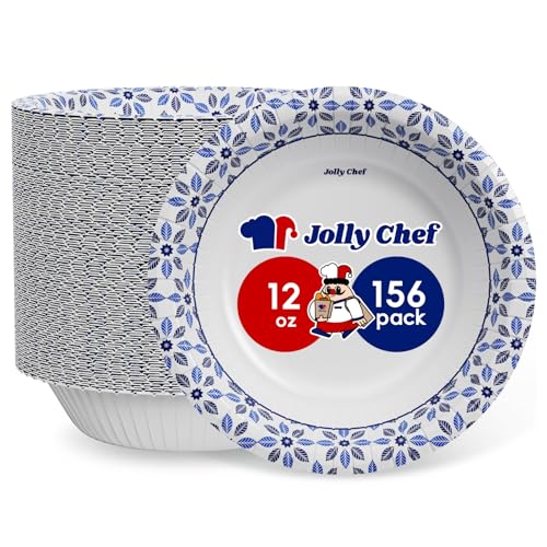 JOLLY CHEF 156 Count Paper Bowls 12 oz Disposable | Soak Proof, Heavy Duty Printed Disposable Small Bowls Bulk for Dinner or Thanksgiving