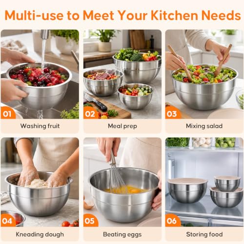 Winproper Stainless Steel Mixing Bowls with Lids Set, 4 Pack Cooking Bowls | Nesting Mixing Bowls with 3 Grater Attachments, Kitchen Airtight Metal Bowls, Size 4.5, 2.7, 1.5, 0.7QT for Mixing, Baking