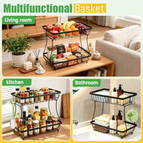YUANCE 2-Tier Fruit Basket for Kitchen Counter with 2 Banana Hangers | Large Metal Fruit Bowl, Versatile Holder for Veggies, Produce Storage, 12.5"×7.5"×12"-Black