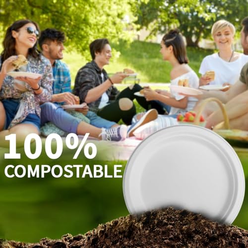 10 Inch Compostable Paper Plates【White 150 Pack】, 100% Sugarcane Bagasse Large Disposable Plates, Sturdy Heavy Duty, Biodegradable Dinnerware for Party, BBQ, Picnic, Catering