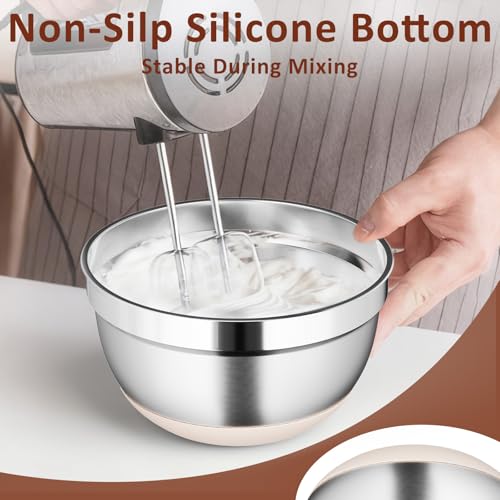 Hybemmy 9 Pack Mixing Bowls with Airtight Lids & Grater Attachments, Khaki | Stainless Steel Bowl, Non-slip Bases, Nesting Kitchen Bowl, Size 5, 4, 3, 2, 1.5,1QT,for Food Prep, Baking, Storage & Serving