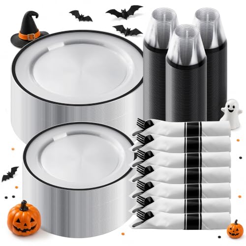 BESTSTAR 350 PCS Clear and Black Disposable Plastic Plate Set for 50 Guests | 100 Plastic Plates, 50 Plastic Cups, 50 Pre-Rolled Napkins with Cutlery for Halloween, Graduation Party, Birthday