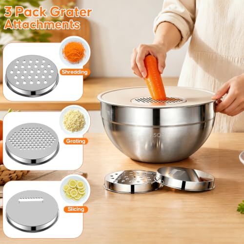 Winproper Stainless Steel Mixing Bowls with Lids Set, 4 Pack Cooking Bowls | Nesting Mixing Bowls with 3 Grater Attachments, Kitchen Airtight Metal Bowls, Size 4.5, 2.7, 1.5, 0.7QT for Mixing, Baking
