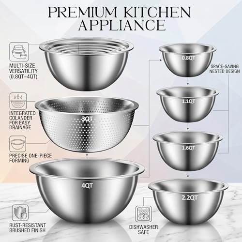 DUTZUN Kitchen Gadgets, Stainless Steel Mixing Bowls & Colander Strainer | Home & kitchen essentials for cooking, 5 nesting metal bowls with strainer for salad, baking & serving, dishwasher safe