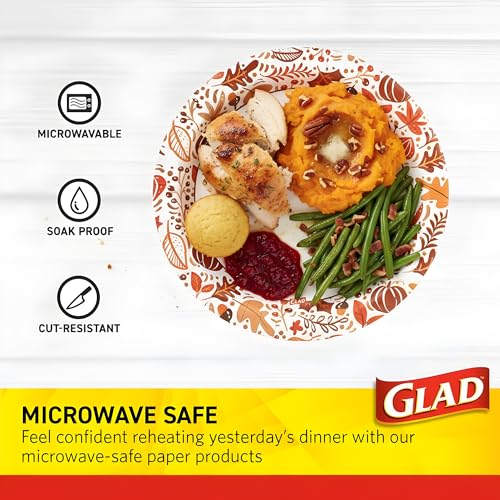 Glad Disposable Paper Plates, Happy Fall Design, 10 Inch, 50 Count | Soak-proof, cut-resistant, microwavable for all foods, for fall parties and everyday meals, colorful