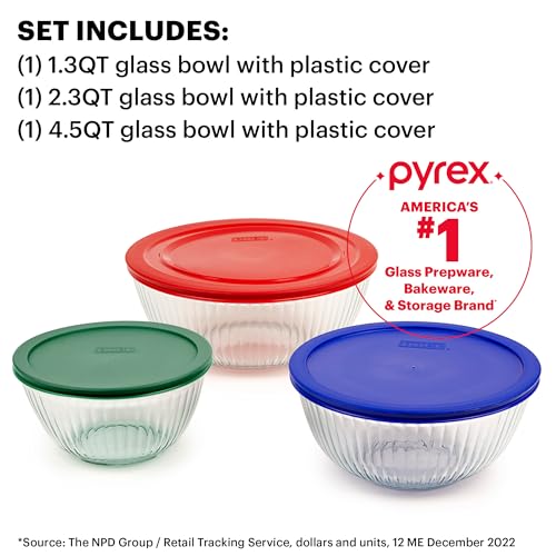 Pyrex Sculpted (3-Pack) Glass Mixing Bowls Set With Plastic Lids | For prepping, baking, & cooking, preheated oven, dishwasher, mircrowave & freezer safe