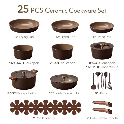 CAROTE 25pcs Ceramic Cookware Set, Pots and Pans Set with Detachable Handle