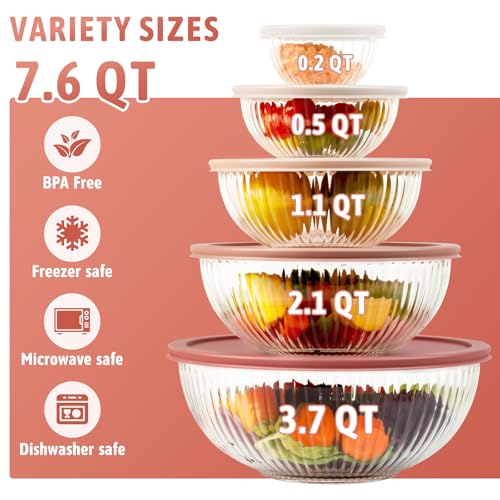 Glass Mixing Bowls with Lids Sets, 5 PCS Serving Bowls for Party or Kitchen | For Baking, Meal Prepping and Salad, Bpa Free and Dishwasher and microwave Safe Serving Bowls, 0.2/0.5/1.1/2.1/3.7Qt