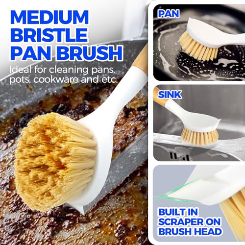 Holikme 3 Pack Dish Brush with Bamboo Handle Cleaning Brush,White Black | Dish Brushes Vegetable Scrubber Round Natural Scrub Brush Cleaning Kit for Cleaning Saucepans, Pots, Pans and Vegetables