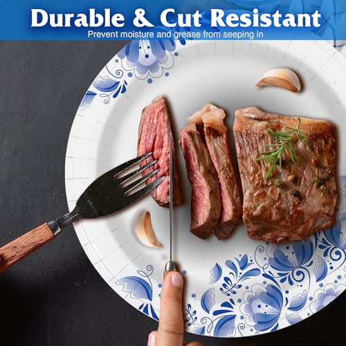 Charmount Paper Plates Bulk 8.5 Inch, 150pcs Disposable Blue Paper Plates | for Parties and Daily Use, Soak Proof, Cut Proof, Flower Printed