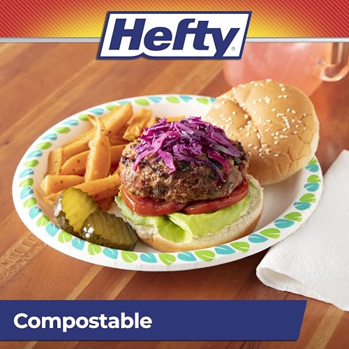 Hefty Compostable Paper Plates, 8.6 Inches, 30 Count, Patterned Disposable Plates for BBQs, Parties, Holidays, Potlucks, and Everyday, Soak-Resistant, Made with Plant-Based Materials, Microwave Safe