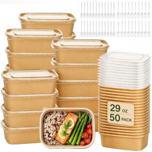 Holotap 50 Pack 29 OZ Brown Meal Prep Containers with Lids【with Spoons and Forks】, Disposable Kraft Paper Bowls, Microwave Safe for Hot/Cold Soup, Disposable Meal Prep Containers for Holiday Party
