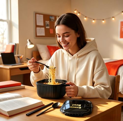 Ramen Bowl Set,Ramen Noodle Bowls for Large Square or Round Noodle Microwavable 45 oz, Ramen Cooker, Microwave Pasta Cooker, Food Container Microwave Gift for College Male Female Dorm Room(black)