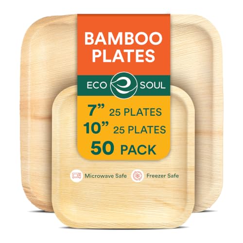 ECO SOUL 7 & 10 Inch Disposable Bamboo Bundle Plates (50 Pack) | Premium, Natural, Food-Safe, Heavy Duty, Compostable, Eco-Friendly, Biodegradable,Parties, Weddings, BBQs